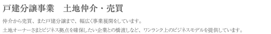 戸建分譲事業　土地仲介・売買　仲介から売買また戸建分譲まで、幅広く事業展開をしています。土地オーナーさまとビジネス拠点を確保したい企業との橋渡しなど、ワンランク上のビジネスモデルを提供しています。